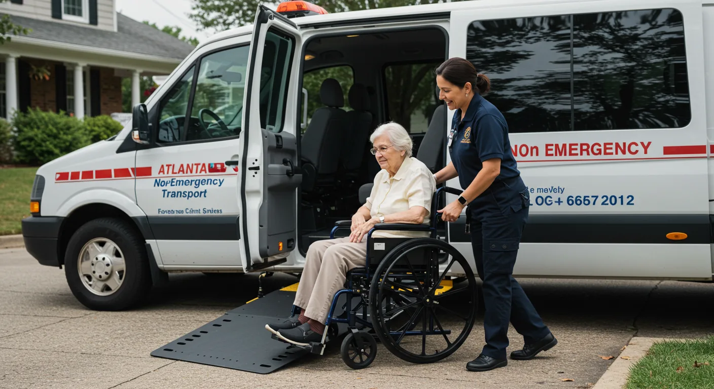 Caregiver assisting an elderly patient with wheelchair transportation into a specialized Atlanta Ride Care non-emergency medical transport van