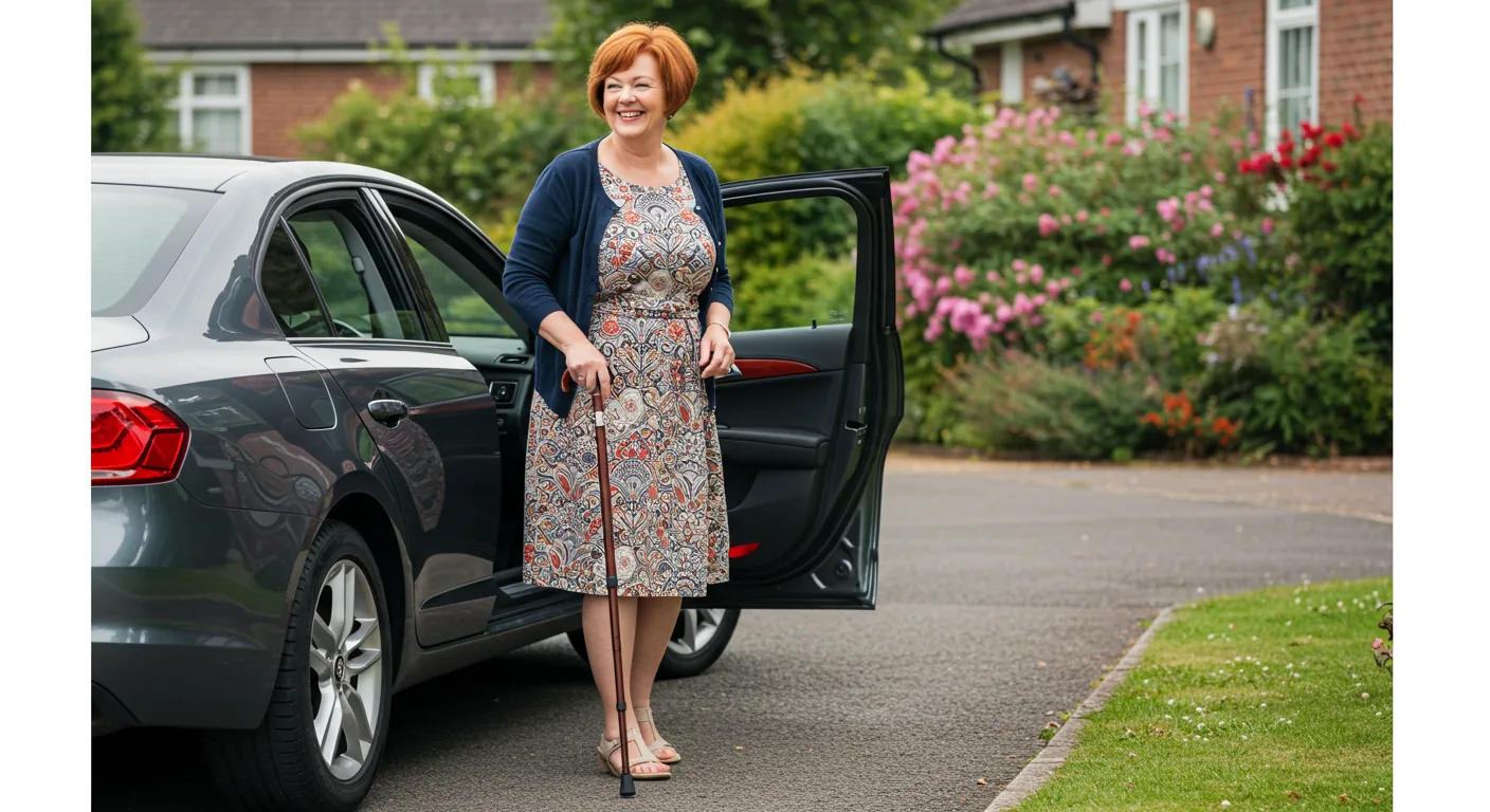Ambulatory transport client stepping out of a sedan with a walking cane, assisted door-to-door in Atlanta