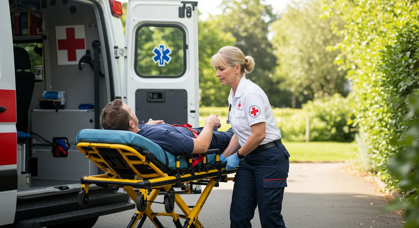 Medical team transferring a patient on a stretcher into a specialized medical transport vehicle in Atlanta