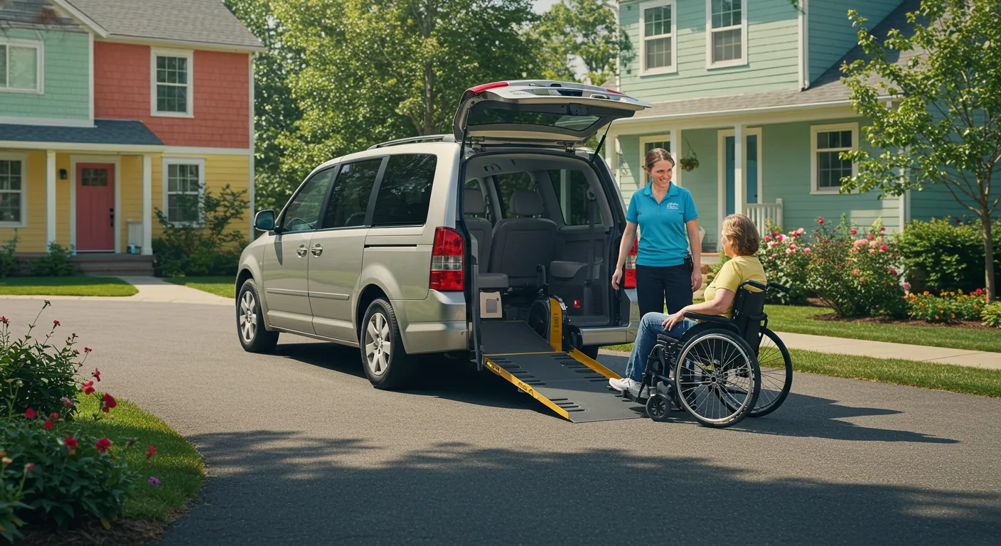 Caregiver assisting a wheelchair passenger into an ADA-compliant non-emergency medical transport van in Atlanta